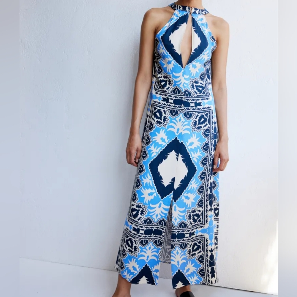 H&M Tie-belt Scarf Prints Dress long  maxi Cream/blue Patterned BNWT